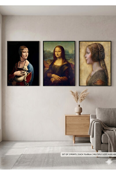woodretro Salon Tablosu Leonardo Da Vinci 3'lü Sanat Portre Tablo Seti - Mona...
