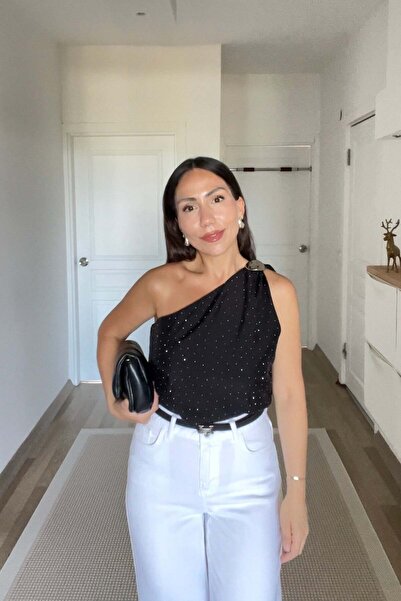 butikhola Siyah Tek Omuz Taşlı Tensel BLuz