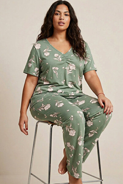 Siyah İnci Green Patterned Large Size Oversized Viscose Knitted Pajama Set