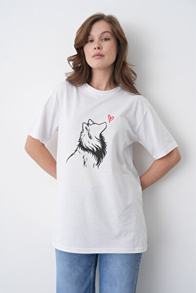 TREND EMMODA Tricou alb cu gât rotund, cu imprimeu minimalist cu câine și ini...