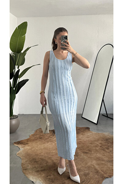 asfamoda Women's Blue Corduroy Textured Jacquard Lined Maxi Dress Sleeveless ...