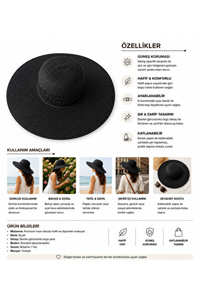 AGAPI Women's Black Straw Beach Hat Wide Brim Summer Hat