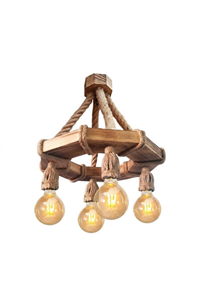 KOCOGLU WOODEN Doğal Ahşap Altıgen Tasarım Avize - Jüt Halatlı 4'lü El Yapımı...