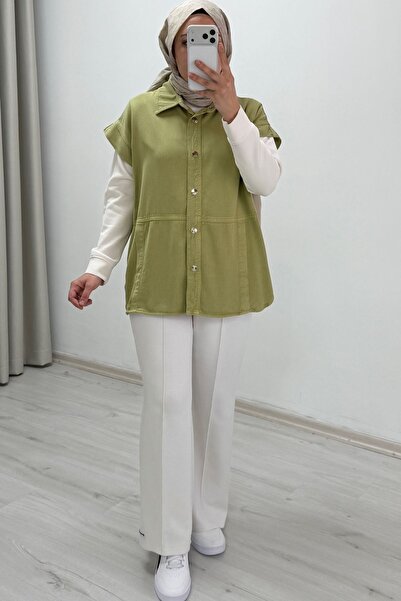 T Moda Store My Magazin Denim Fabric Comfortable Fit Snap Button Pocketed Vest