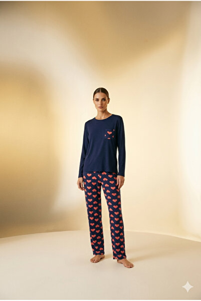Moda Clubu Women's Plus Size Comfortable Long Sleeve Pajamas with Red Heart P...