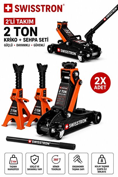 SwissTron 2 Ton Profesyonel Garaj Krikosu ve Emniyet Sehpası Seti Oto Servis ...
