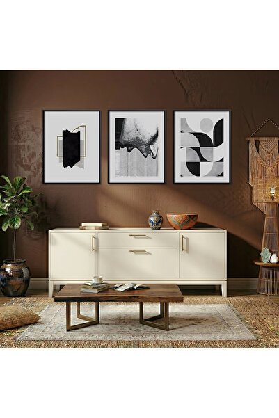 KOLAJTASARIM Set de 3 tablouri din lemn, abstracte, alb-negru, geometrice, cu...