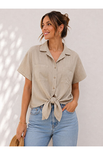 Basics&More Kadın Taş Keten Görünümlü Çift Cepli Kısa Kollu Oversize Gömlek