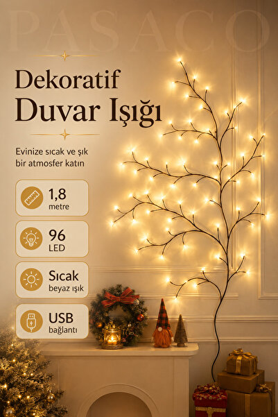 PASACO Dekoratif Dal LED Işık 96 LED USB Kumandalı 8 Modlu Gün Işığı Duvar Od...