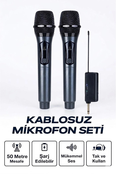 ECOPORT Profesyonel Çiftli Kablosuz Mikrofon Seti Karaoke Şarj Edilebilir 50 Metre
