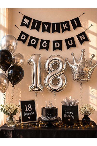 Parti Adresi 18 Yaş Doğum Günü Dekorasyon Seti – Balonlu Parti Seti Siyah Gümüş