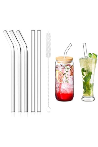 SOBHYS Glass Drinking Straw Set, 6-Piece Borosilicate Straws with Cleaning Br...