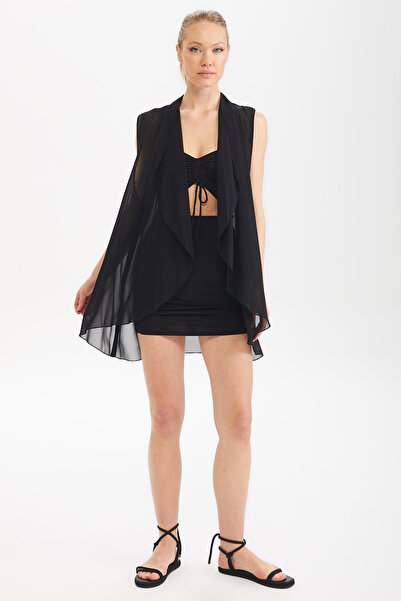 IMBUE Chiffon Shawl Collar Black Sleeveless Kimono