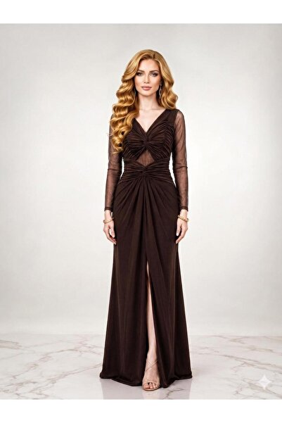 sea gulf Women's Evening Dress Stretch Maxi Stretch Dress with Sheer Sleeves ...