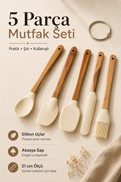 Ev Modu Home 5 Parça Mini Silikon Mutfak Gereçleri Seti Akasya Saplı Servis v...
