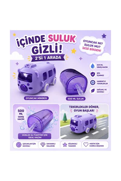 teknohediye Otobüs Tasarımlı Pipetli Çocuk Suluk 500 ML – Çıkarılabilir Suluk...