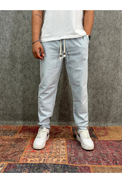 FıttingRoom Cotton Linen Blue Trousers with Elastic Waist