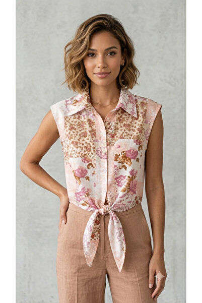 Sublime Butik Floral Patterned Tie-Up Summer Zero-Sleeve Retro Shirt