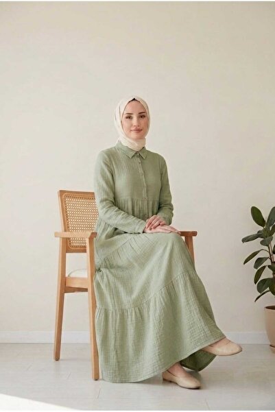 PORİENTO Olive Green Women's 100% Cotton Muslin Fabric Dress Buttoned Shirt C...