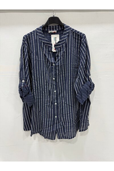 della moor Women's Navy Blue Italian Line Patterned Judge's Folded Sleeve Ove...