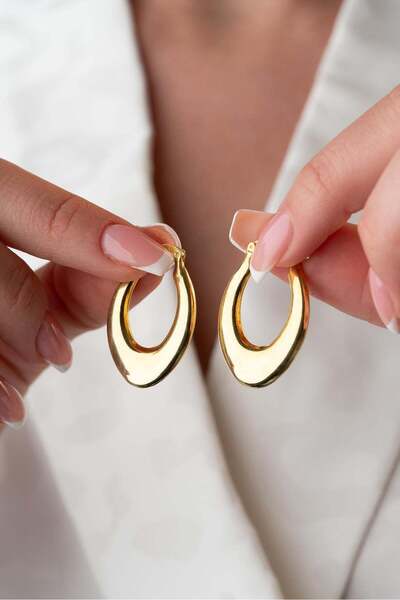 316L Paslanmaz Çelik Gold Pürüzsüz Oval Halka Küpe Minimalist Kalın Hatlı Geçmeli Küpe