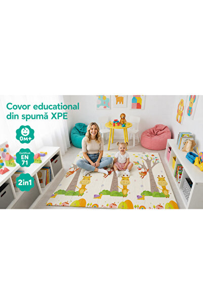 LUDIRO Covor educativ pliabil din spumă XPE, 200x180 cm, 2 fețe, Girafă și Ci...