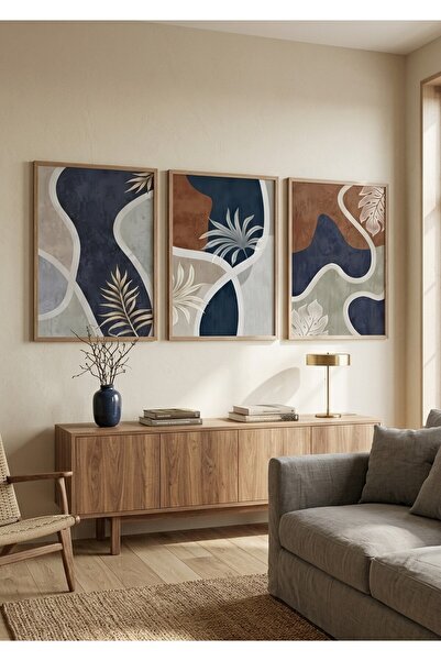 alphobitasarım Modern Abstract Botanical Leaf Patterned 3-Piece Framed Painti...
