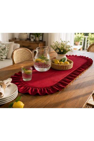 ŞAH TEXTILE DESIGN Covoraș oval roșu cu volane, plisat, din in, 40x110