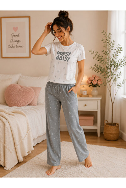 SERPİL Kadın Oopsy Daisy Baskılı Pijama Takımı Kısa Kollu Rahat Ev Giyim