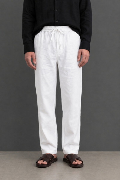Bossago Pantaloni casual pentru bărbați, albi, din in premium, cu șireturi, c...