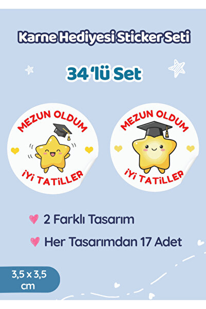 Miko Miko Şeyler 34'Lü Mezun Oldum Yıldız Temalı Karne Hediye Paketleme Etike...