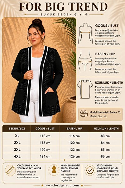 FOR ESRA BIG TREND Kadın Siyah Büyük Beden Taş Baskı Ön Beyaz Ribana Şerit Detay Cepli Ön Açık Esnek Viskon Hırka