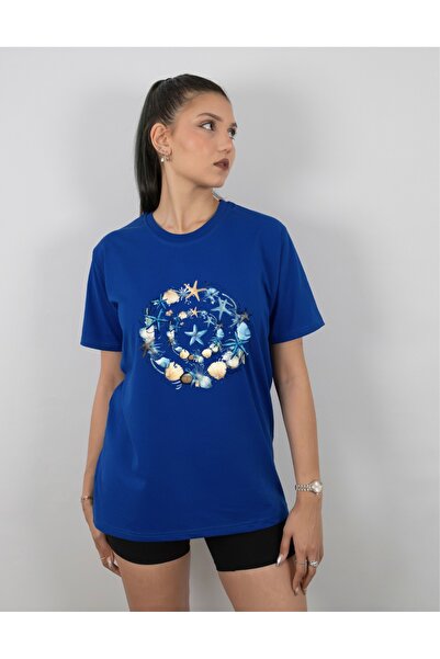 Krays Blue Summer T-Shirt with Sea Shell and Starfish Design - Unisex Regular...