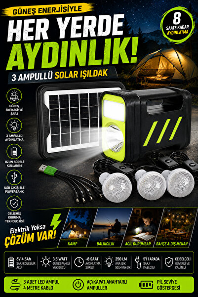 nelerbulurum 3 Ampullü Solar Işıldak Fener | 3.5W Güneş Paneli | Powerbank Öz...