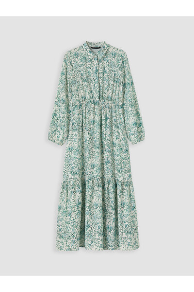 LC Waikiki Nevavm Shirt Collar Floral Waist-Slit Dress