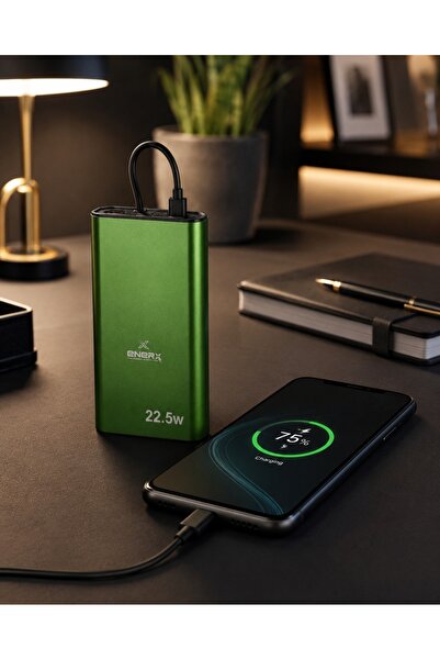ENERX ENR-P10MTK Powerbank 10000 Mah 22.5W Hızlı Şarj, Dahili Type-C Kablolu Yeni Nesil Metal Kasa Taşınabilir Şarj Cihazı Yeşil