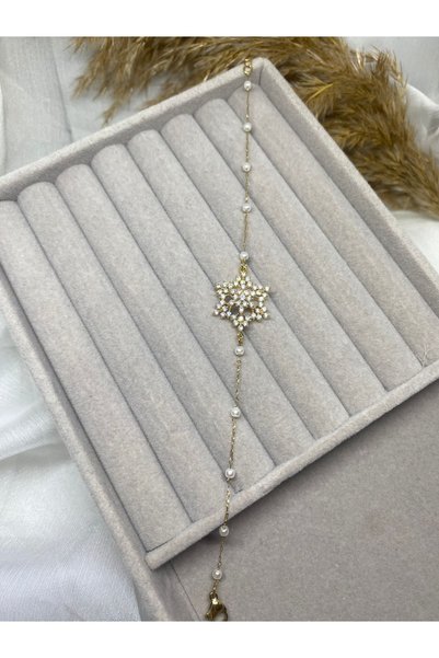 ZEYKU ACCESSORİES Zircon Stone and Pearl Detailed Snowflake Steel Necklace (18+5)