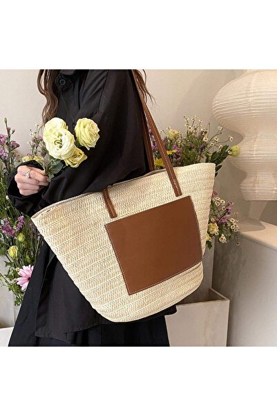 Generic Minimal Solid Straw Woven Tote Bag PU Patch Large Capacity Summer Bea...