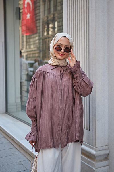 LOCCO Women's Gathered Sleeve Striped Shirt Pink
