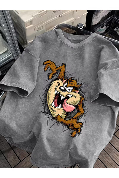 Toum Tasmanian Devil Printed Unisex Washable Vintage Oversize T-Shirt