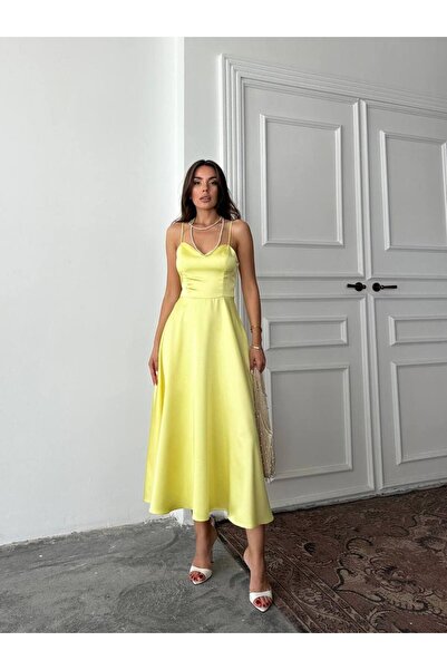 D'RECCY Rochie de damă din satin, cu bretele, stil prințesă, lungime midi