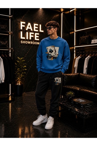 FAEL LİFE Unisex Wide Cut Zero Neck and Sweatpants Set with Zar Print