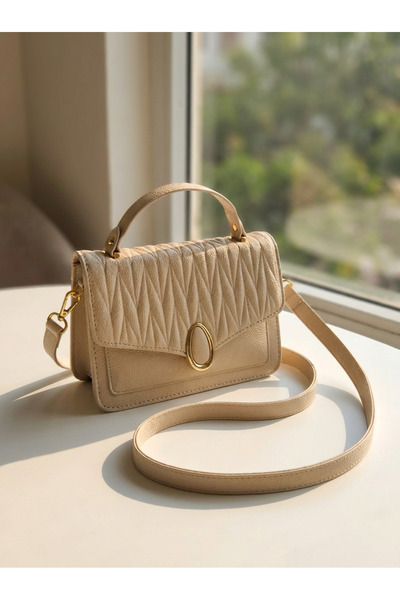Finelook Elegant Beige Quilted Top Handle Handbag | Crossbody Satchel with Go...