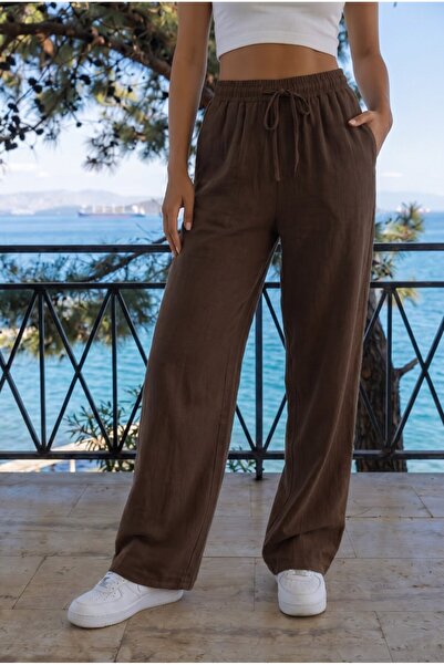 BİKELİFE Brown Linen Blend Loose-Fit Elastic Waist Pants