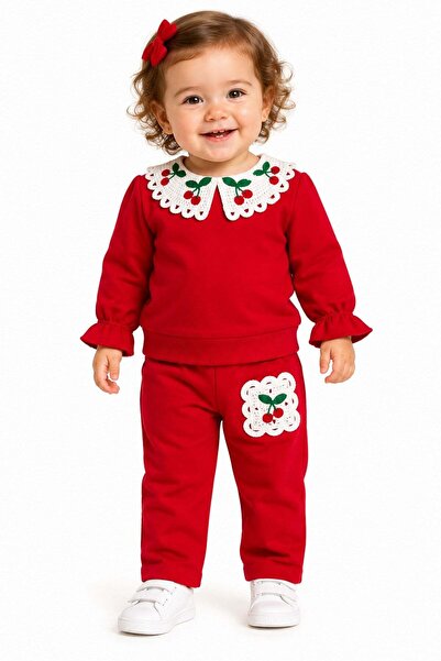 dinamik çocuk Baby girl cherry/strawberry embroidered lace collar 2-piece set...