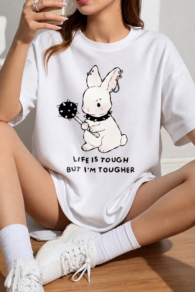 Velostra Women's Life Is Tough Cute Rabbit Printed Oversize Crew Neck Cotton ...