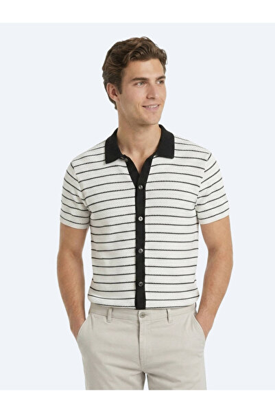 Kip Ecru Striped Regular Fit Short Casual Cotton Blend Shirt