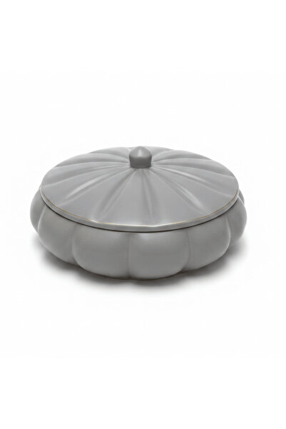 AKDC Hamid Grey Ceramic Candy Box with Lid | Scalloped Pumpkin Design | 10.25 cm