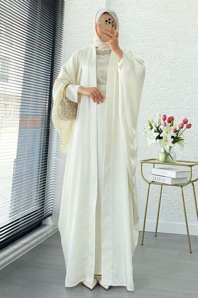 MELEK ARAZ Premium Taş İşlemeli Kum Saten Abaya Takım - Ekru