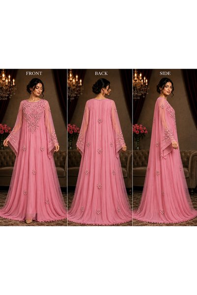 Bab almadina collection Trendyol Modest Floral Embroidered Cape Sleeve Evening Gown - Dusty Pink & Black